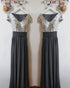 Modest Silver Sequins Grey Chiffon Bridesmaid Dresses Short Sleeves Ruffles V-Neck Floor Length